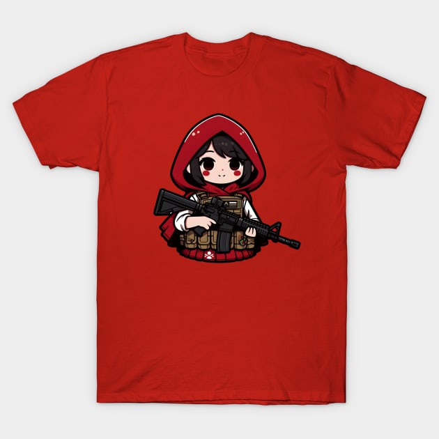 Tactical Little Red Riding Hood Adventure Tee: Where Fairytales Meet Bold Style T-Shirt by Rawlifegraphic